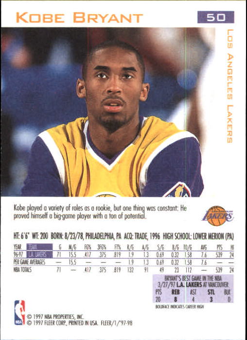 1997-98 Fleer #50 Kobe Bryant back image
