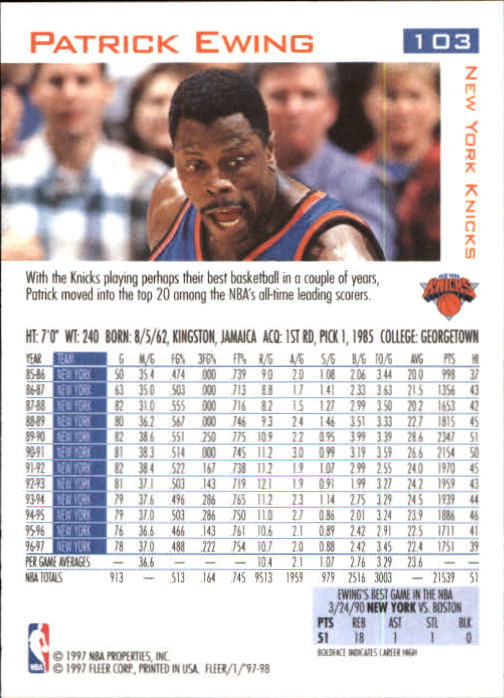 1997-98 Fleer #103 Patrick Ewing back image