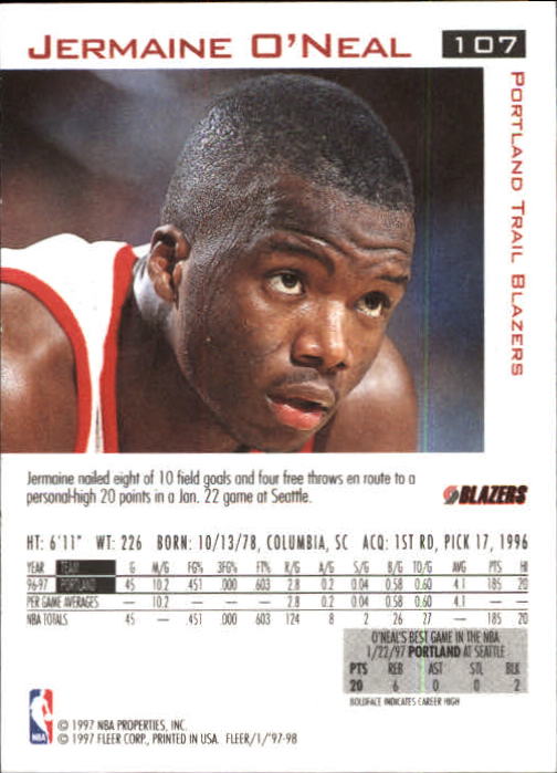 1997-98 Fleer #107 Jermaine O'Neal back image