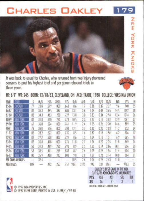 1997-98 Fleer #179 Charles Oakley back image