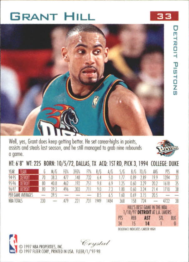 1997-98 Fleer Crystal Collection #33 Grant Hill back image