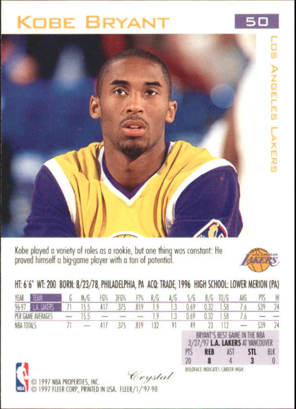 1997-98 Fleer Crystal Collection #50 Kobe Bryant back image