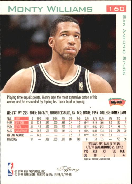 1997-98 Fleer Tiffany Collection #160 Monty Williams