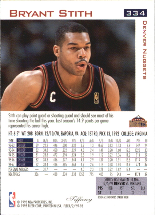 1997-98 Fleer Tiffany Collection #334 Bryant Stith