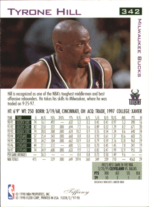 1997-98 Fleer Tiffany Collection #342 Tyrone Hill