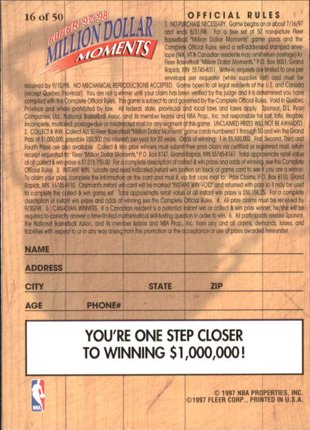 1997-98 Fleer Million Dollar Moments #16 Charles Oakley back image