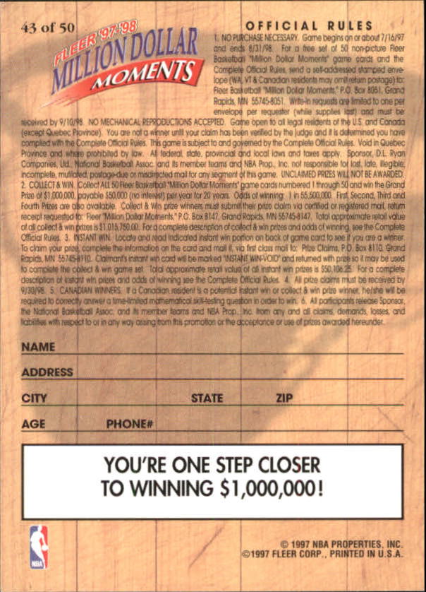 1997-98 Fleer Million Dollar Moments #43 Reggie Miller back image