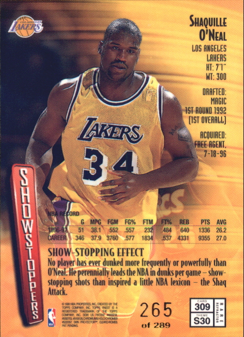 1997-98 Finest Refractors #309 Shaquille O'Neal G back image