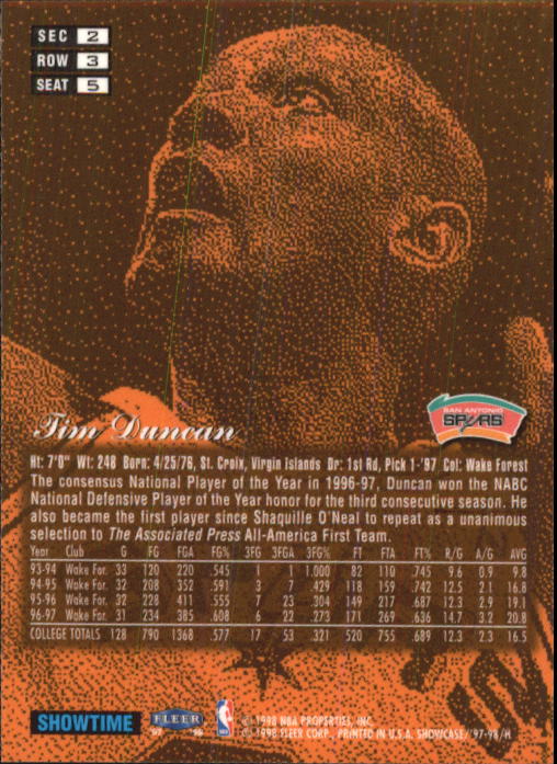 1997-98 Flair Showcase Row 3 #5 Tim Duncan RC back image