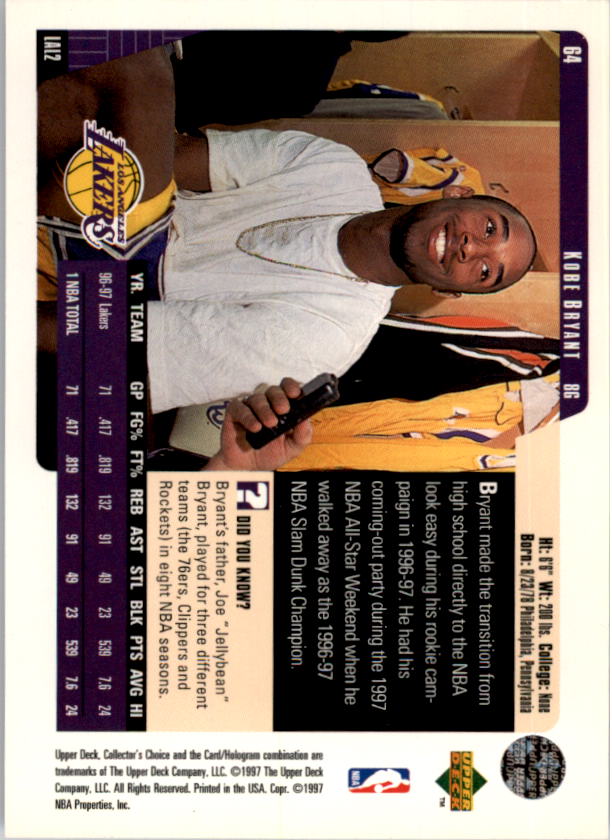1997-98 Collector's Choice #64 Kobe Bryant back image