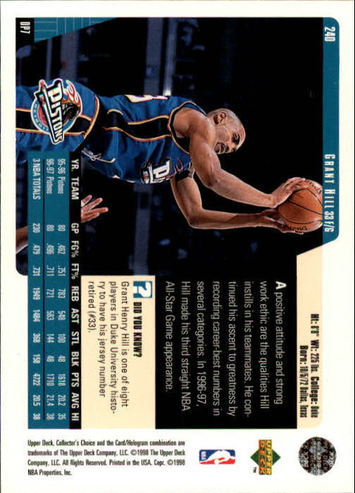 1997-98 Collector's Choice #240 Grant Hill back image