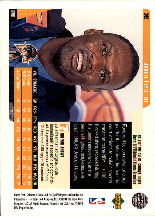 1997-98 Collector's Choice #249 Adonal Foyle RC back image