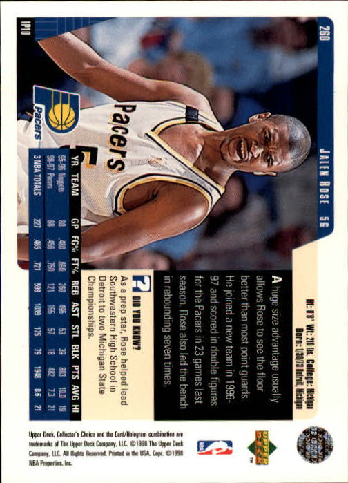 1997-98 Collector's Choice #260 Jalen Rose back image