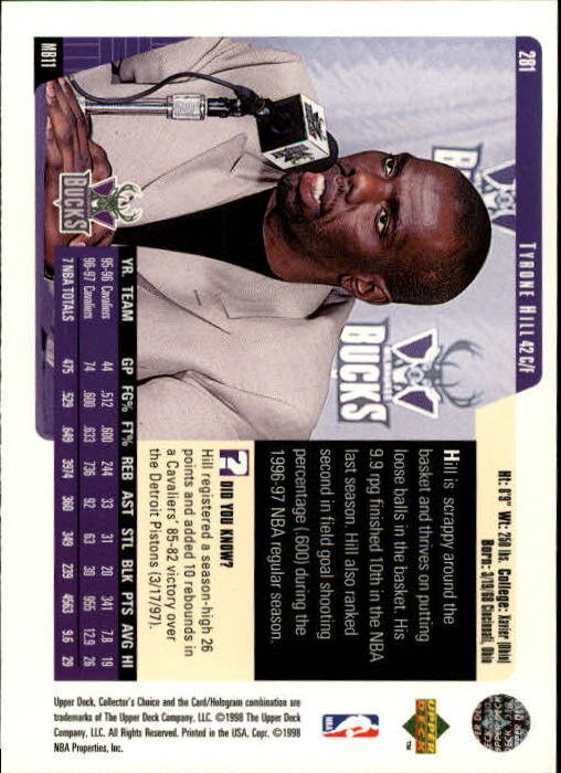 1997-98 Collector's Choice #281 Tyrone Hill back image