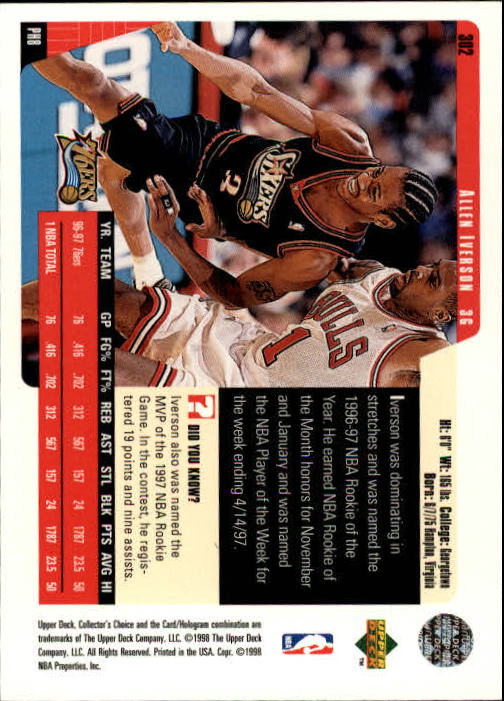 1997-98 Collector's Choice #302 Allen Iverson back image