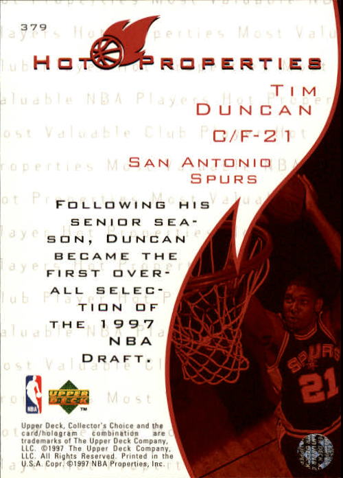 1997-98 Collector's Choice #379 Tim Duncan HP back image