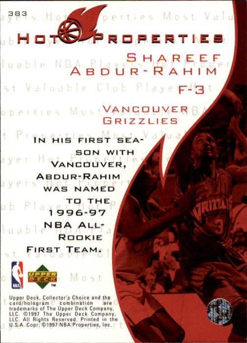 1997-98 Collector's Choice #383 Shareef Abdur-Rahim HP back image