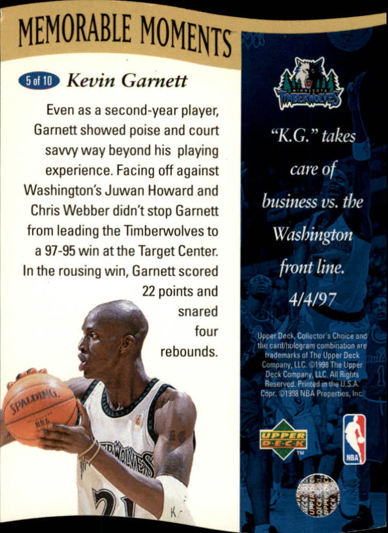 1997-98 Collector's Choice Memorable Moments #5 Kevin Garnett back image