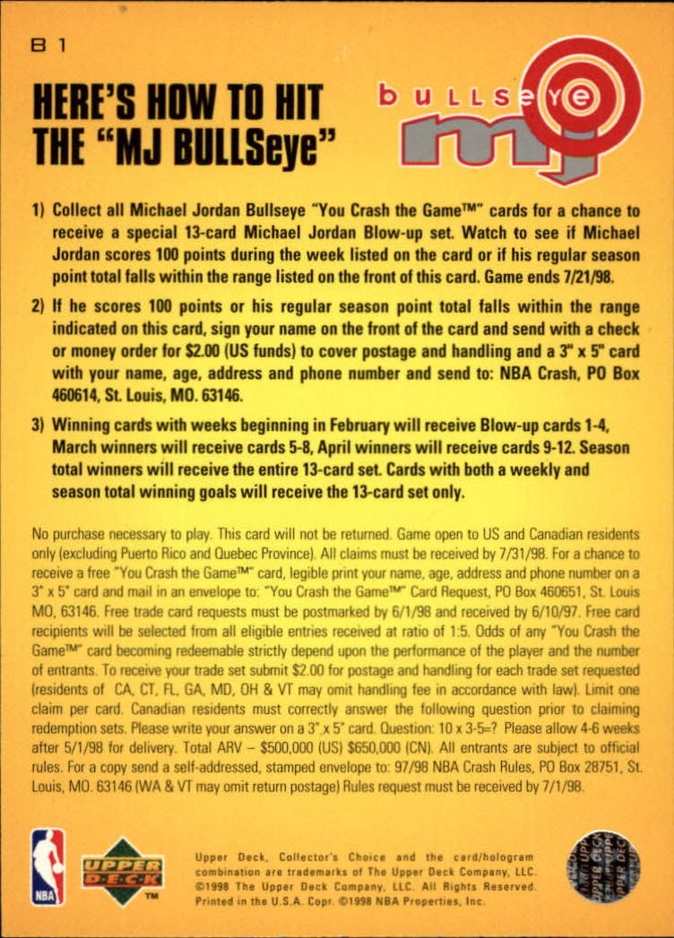 1997-98 Collector's Choice MJ Bullseye #B1 Michael Jordan 2/9/1,750 W back image