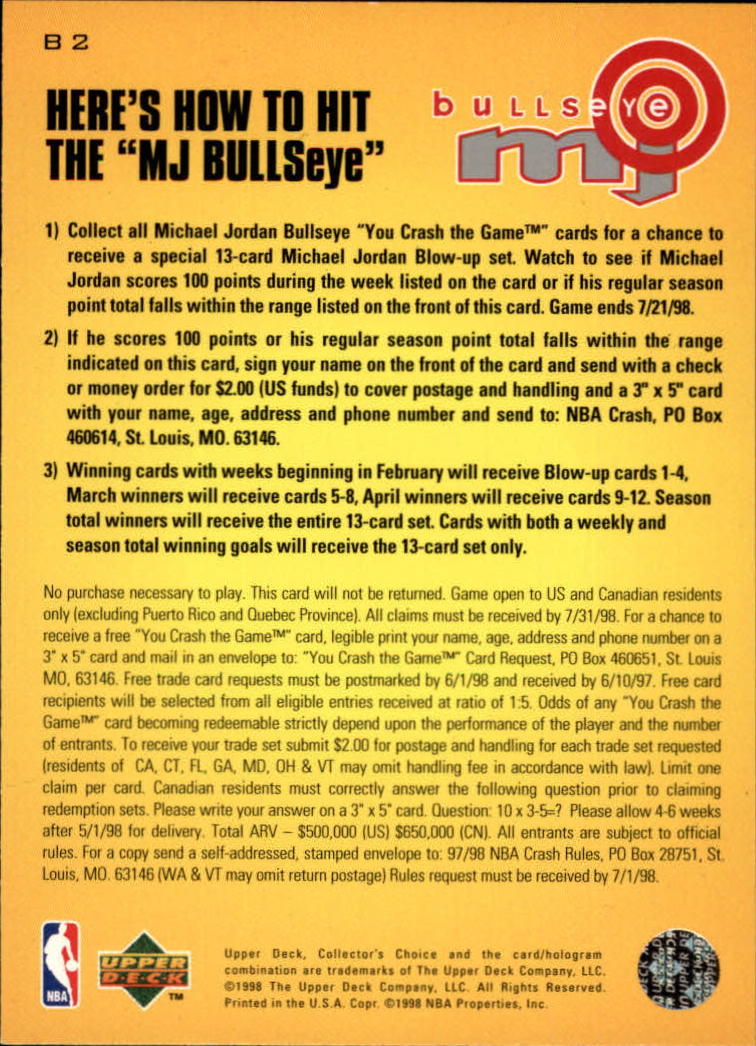 1997-98 Collector's Choice MJ Bullseye #B2 Michael Jordan 2/9/2,000 W back image