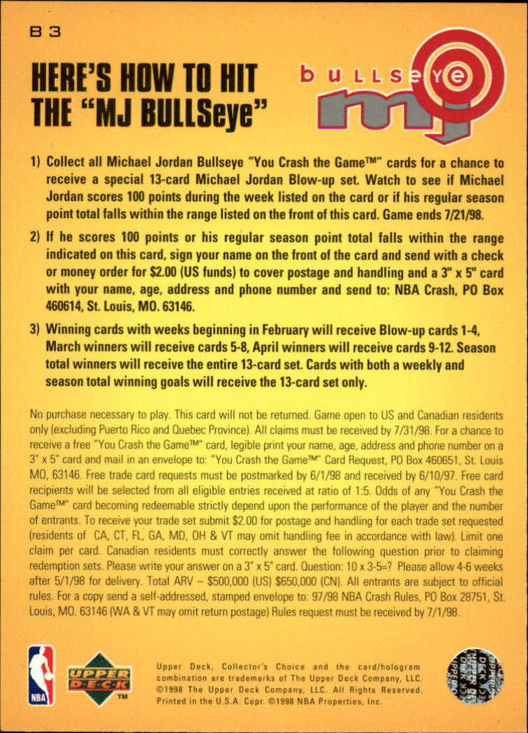 1997-98 Collector's Choice MJ Bullseye #B3 Michael Jordan 2/16/1,750 L back image