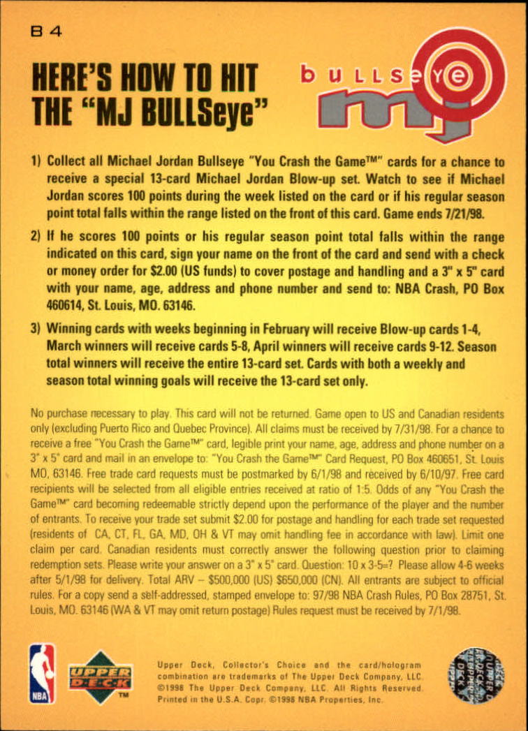 1997-98 Collector's Choice MJ Bullseye #B4 Michael Jordan 2/23/1,750 L back image