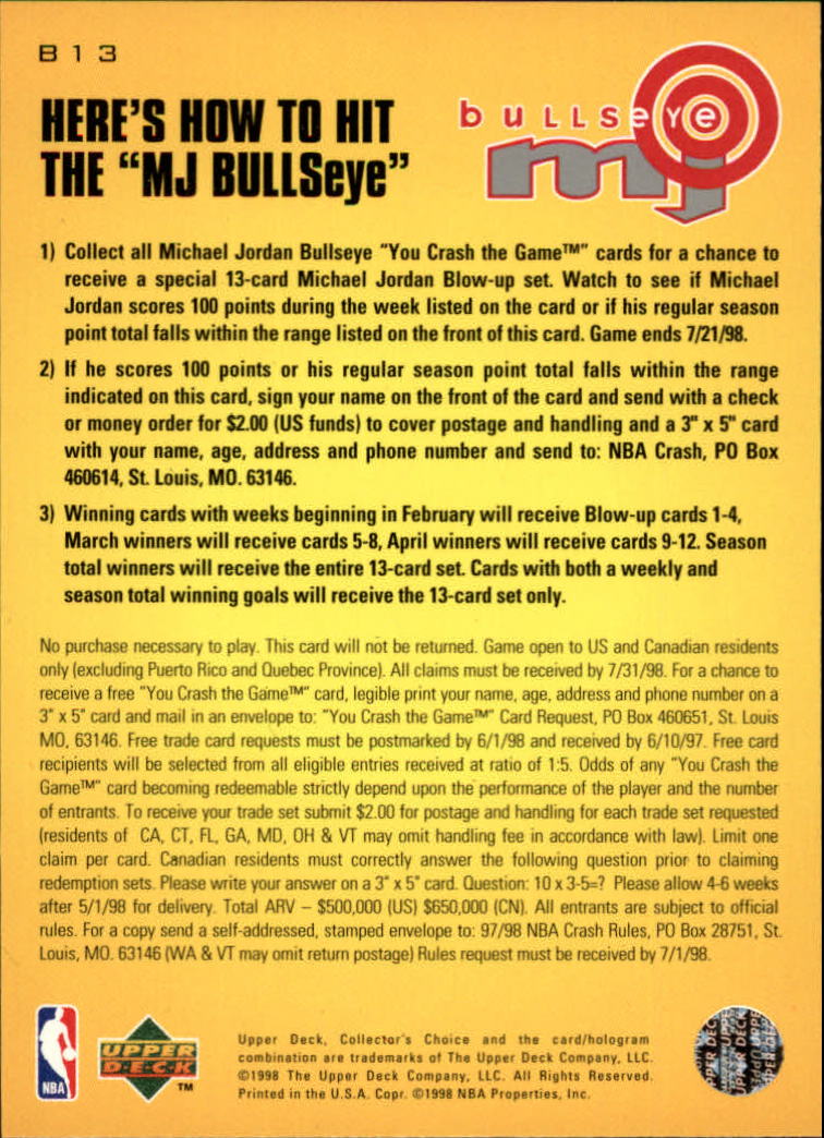 1997-98 Collector's Choice MJ Bullseye #B13 Michael Jordan 3/16/1,750 W back image