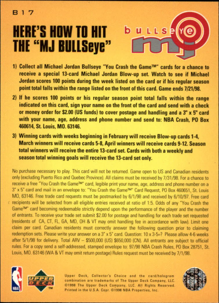 1997-98 Collector's Choice MJ Bullseye #B17 Michael Jordan 3/16/2,250 W back image
