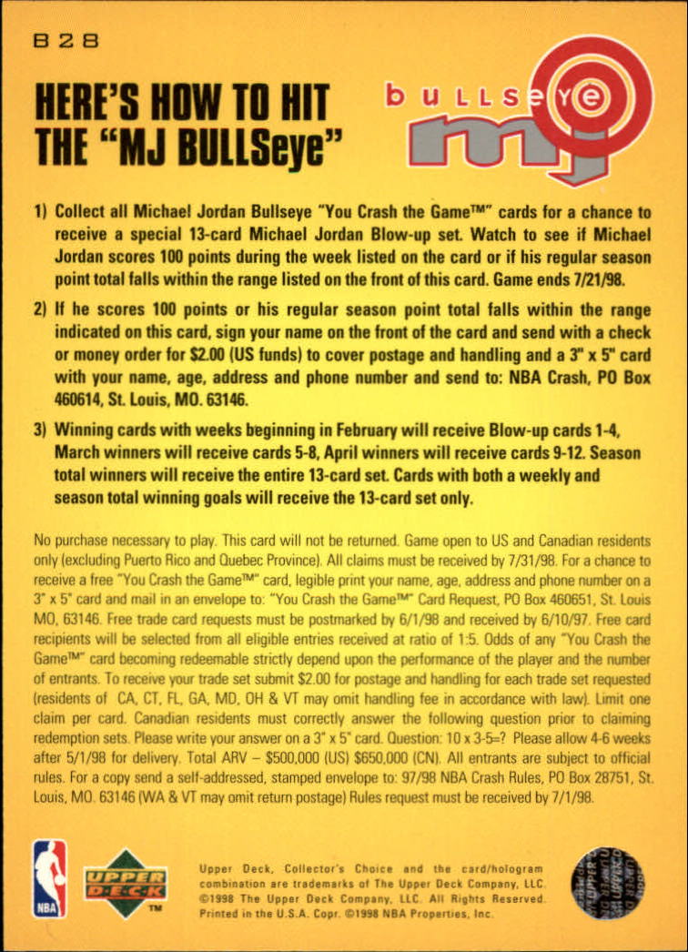 1997-98 Collector's Choice MJ Bullseye #B28 Michael Jordan 4/6/2,250 W back image