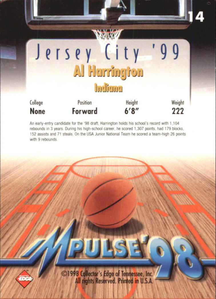 1998 Collector's Edge Impulse Jersey City '99 #14 Al Harrington back image