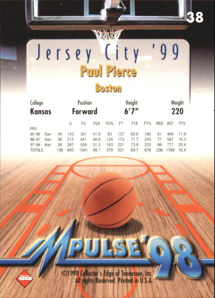 1998 Collector's Edge Impulse Jersey City '99 #38 Paul Pierce AA back image
