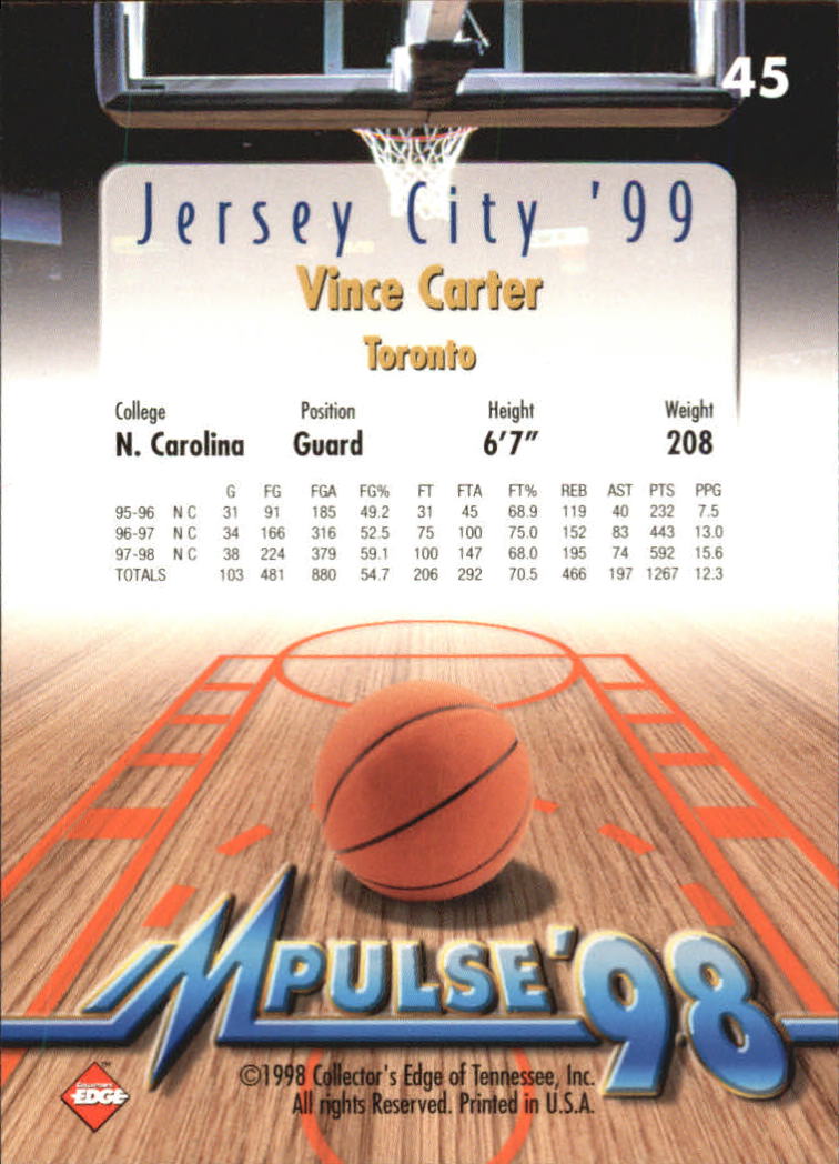 1998 Collector's Edge Impulse Jersey City '99 #45 Vince Carter AR back image