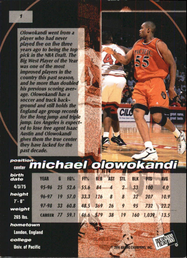 1998 Press Pass Double Threat #1 Michael Olowokandi back image
