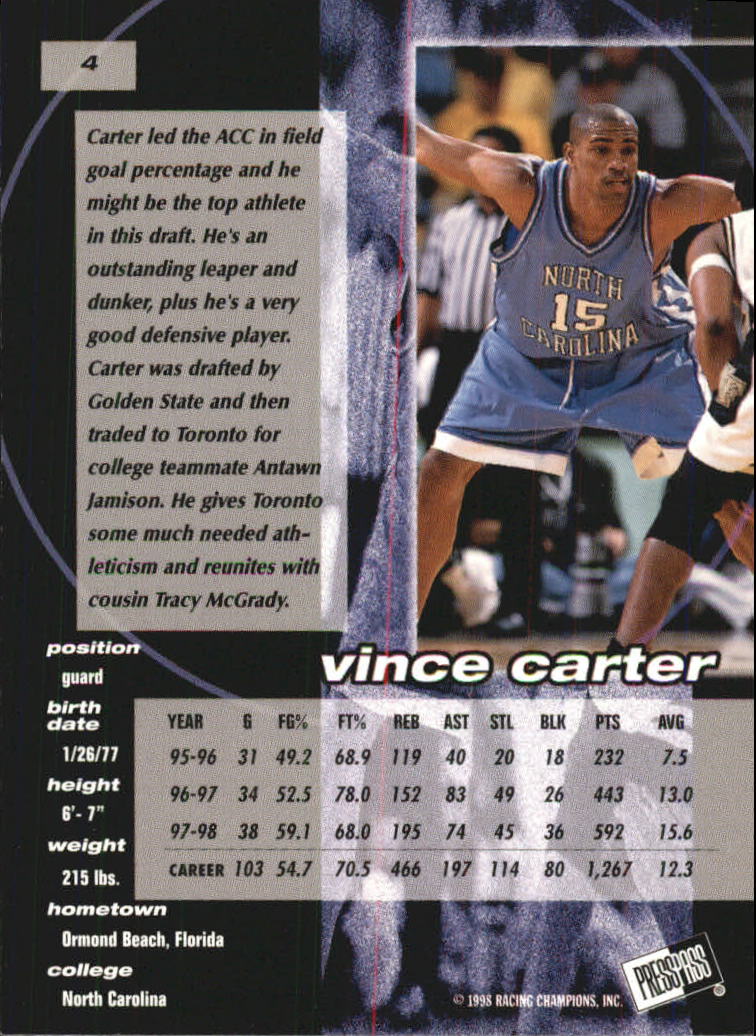 1998 Press Pass Double Threat #4 Vince Carter back image
