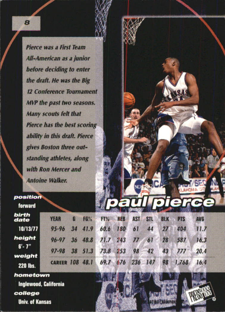 1998 Press Pass Double Threat #8 Paul Pierce back image