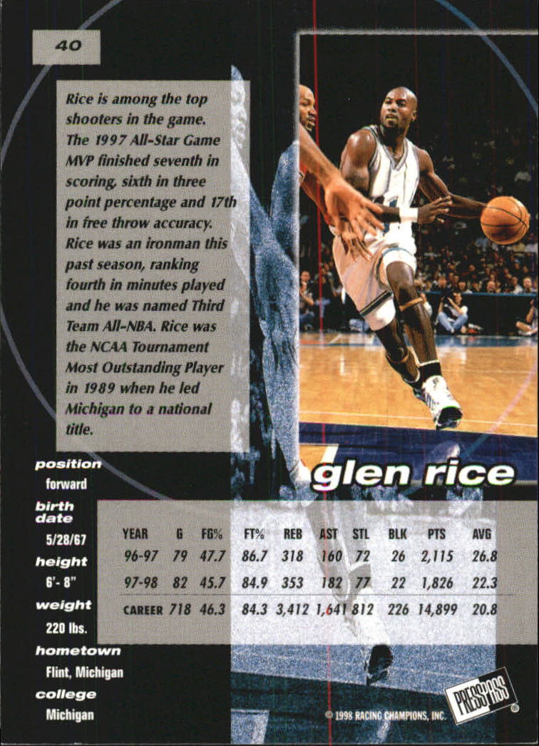 1998 Press Pass Double Threat #40 Glen Rice back image