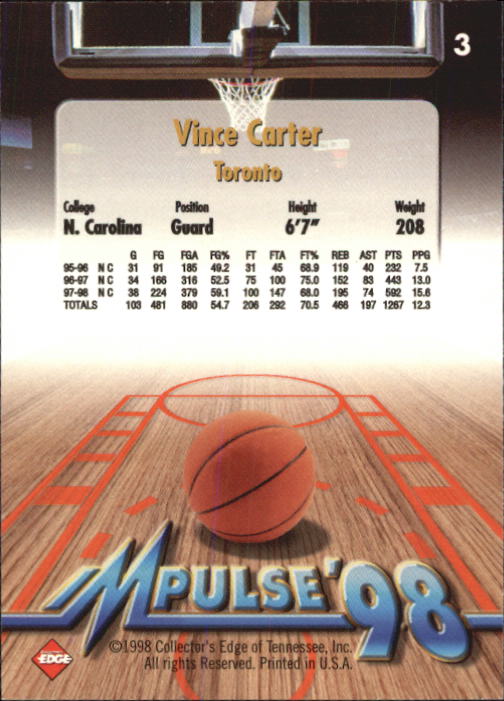 1998 Collector's Edge Impulse #3 Vince Carter back image