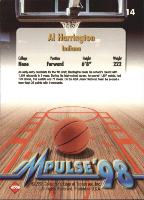 1998 Collector's Edge Impulse #14 Al Harrington back image