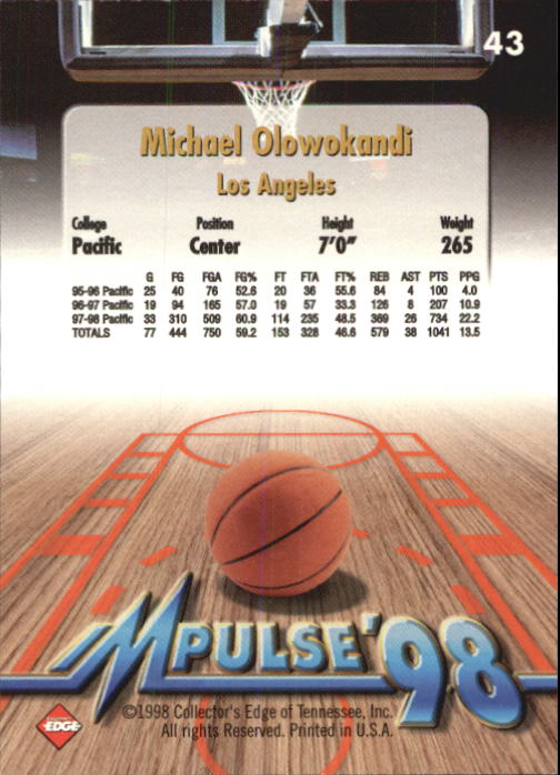 1998 Collector's Edge Impulse #43 Michael Olowokandi AR back image