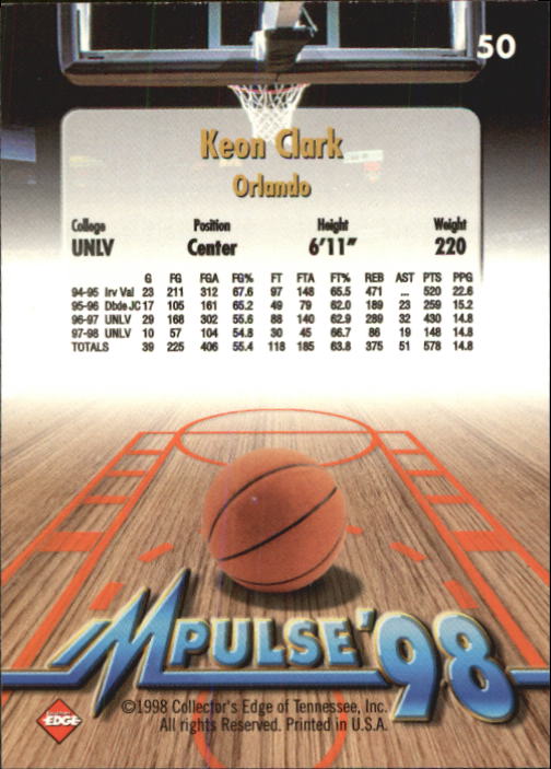 1998 Collector's Edge Impulse #50 Keon Clark AR back image