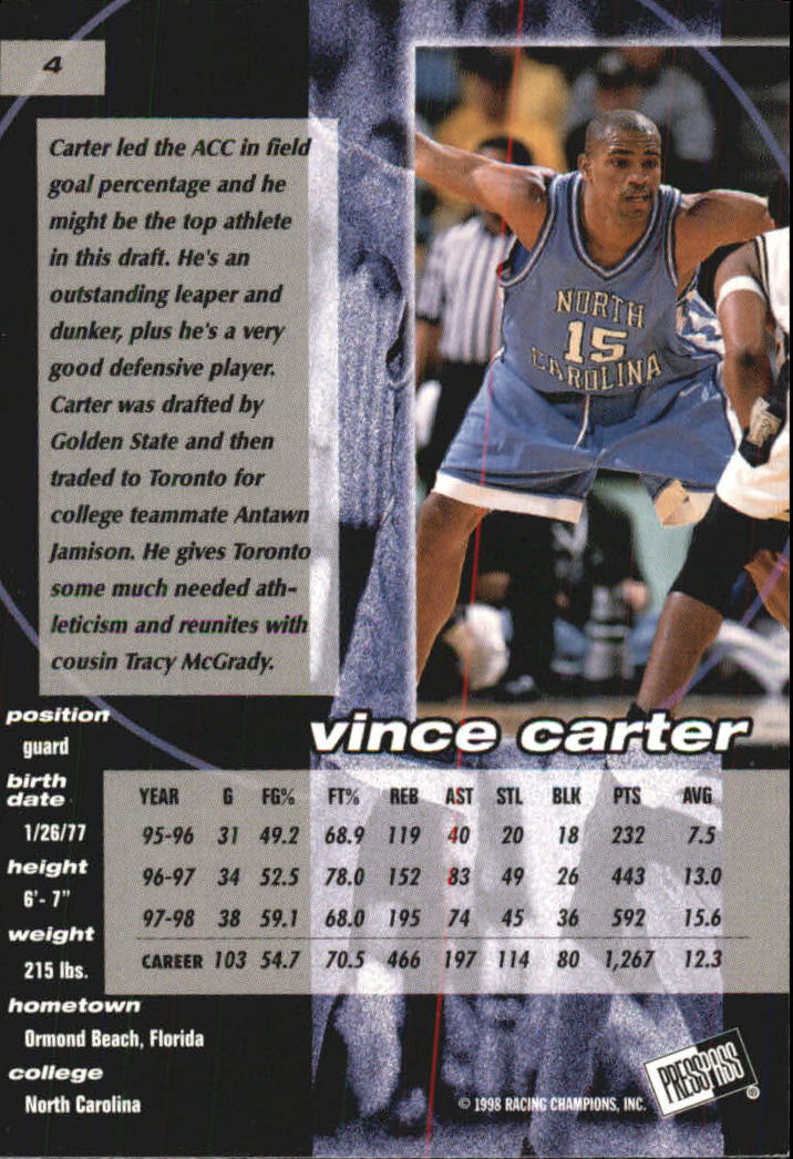 1998 Press Pass Double Threat Alley-Oop #4 Vince Carter back image