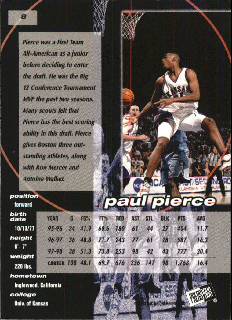 1998 Press Pass Double Threat Torquers #8 Paul Pierce back image
