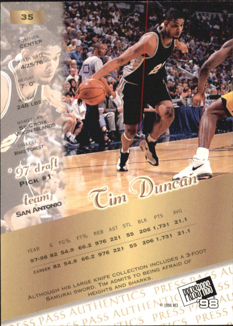 1998 Press Pass Authentics #35 Tim Duncan back image