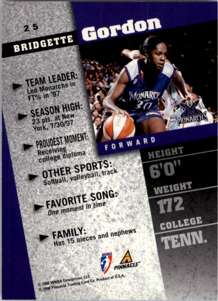 1998 Pinnacle WNBA #25 Bridgette Gordon back image