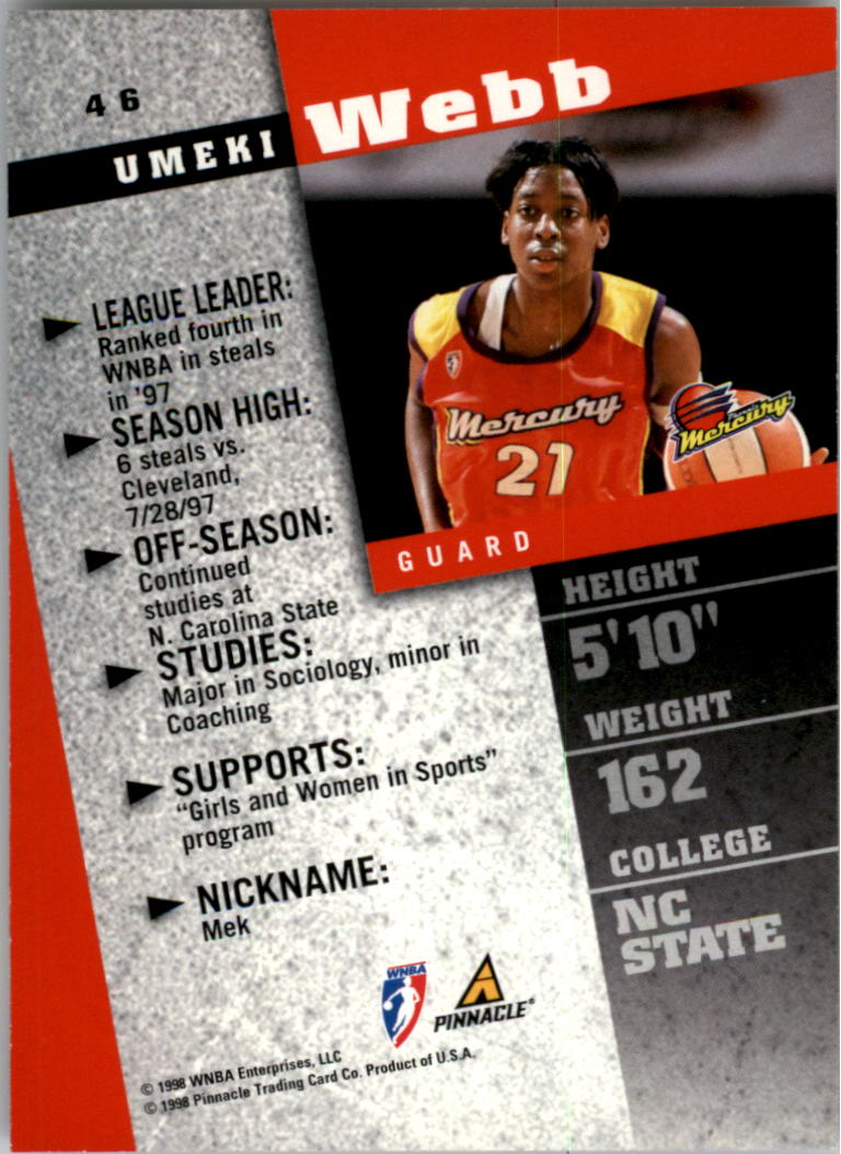 B0905- 1998 Pinnacle WNBA Bk Card #s 1-85 +Rookies -You Pick- 15+ FREE US SHIP - Picture 67 of 133