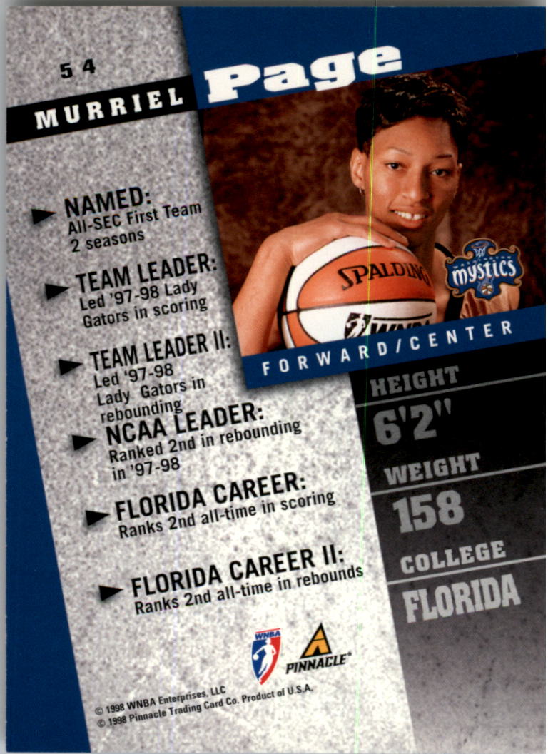 1998 Pinnacle WNBA #54 Murriel Page RC back image