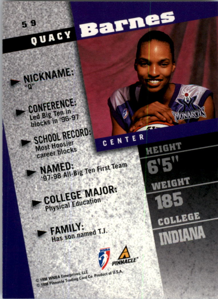 1998 Pinnacle WNBA #59 Quacy Barnes RC back image
