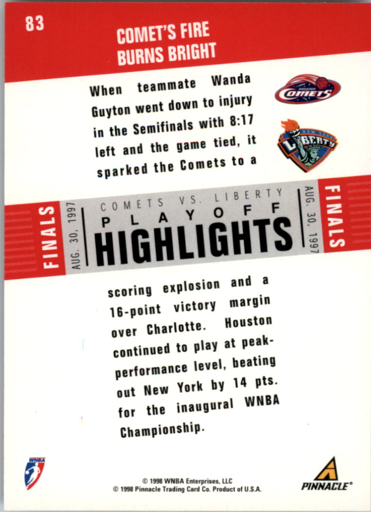 B0905- 1998 Pinnacle WNBA Bk Card #s 1-85 +Rookies -You Pick- 15+ FREE US SHIP - Picture 131 of 133
