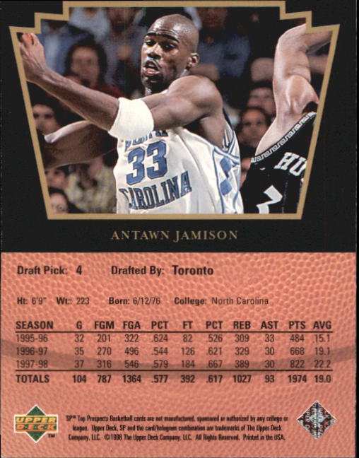 1998 SP Top Prospects #1 Antawn Jamison back image
