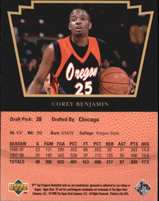 1998 SP Top Prospects #24 Corey Benjamin back image
